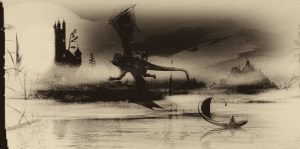 Fantasy; DarkArt; Sepia; Dragons; Water; Castle; Fishing Boat