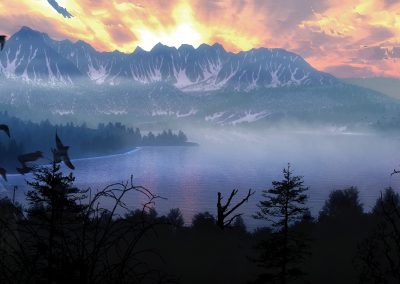 Landscape; Mountain; Mountainlake; Water; Late Winter; Evening; Godrays; Mist; Dust