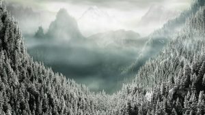 Landscape; Forest; Mountains; Mountainsea; Winter; Snow; Clouds
