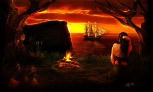 Fantasy; Sea; Sailing Ship; Evening; Atmosphere; Campfire; Glowing