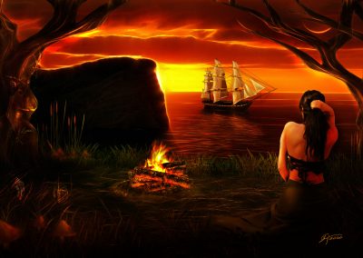 Fantasy; Sea; Sailing Ship; Evening; Atmosphere; Campfire; Glowing