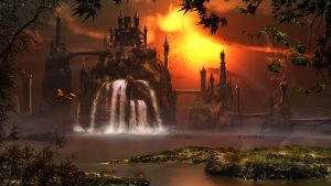 Fantasy; Castle; Landscape; Waterfalls; Sunset