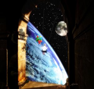 PS CS6 Composing; Child swing; Girl; Door; Portal; Earth; Moon; Stars; Atmosphere; Clouds; Sunlight; Flower