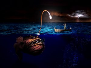 PS CS6 - Composing; Mixed Media; Angler; fish; Fisher; Boat; Sea; Ocean; Night; Light; Lightning